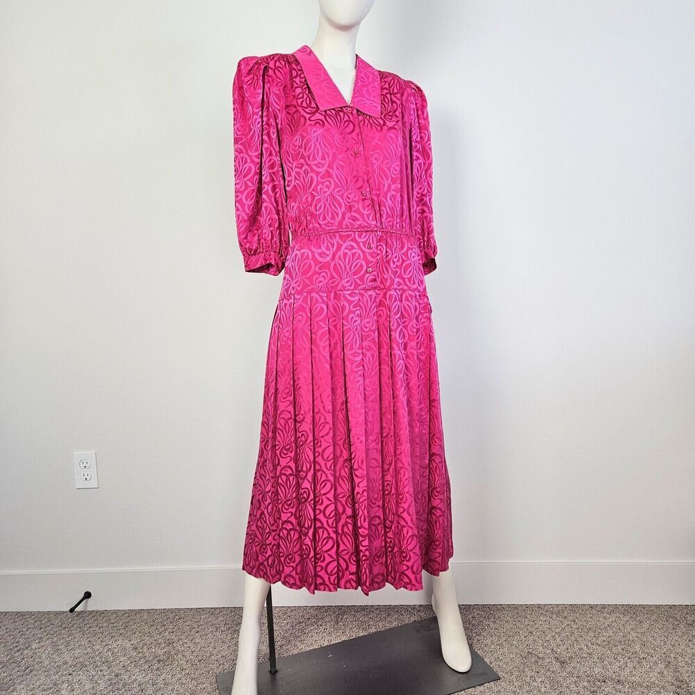 Vintage 100% Silk Satin Size 8 Hot Pink Drop Waist Button Front Belt Puf…